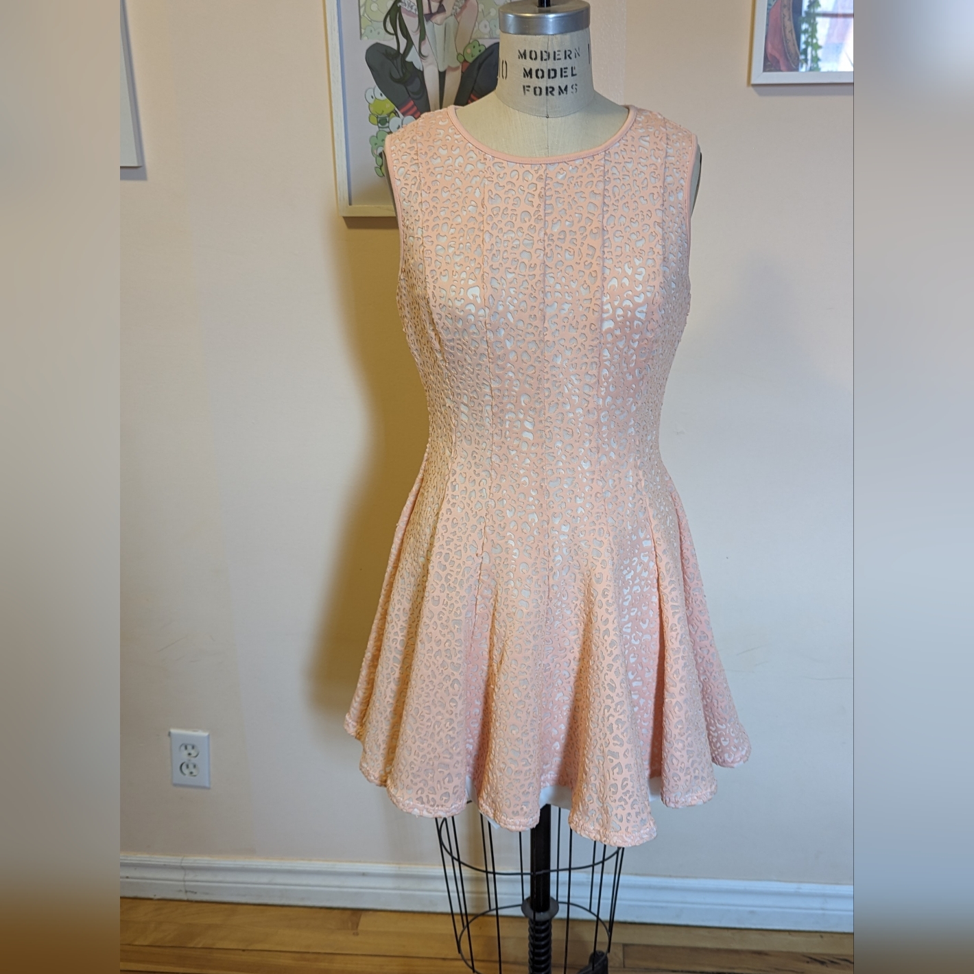 Calvin Klein Peach Lace Fit-And-Flare Midi Dress